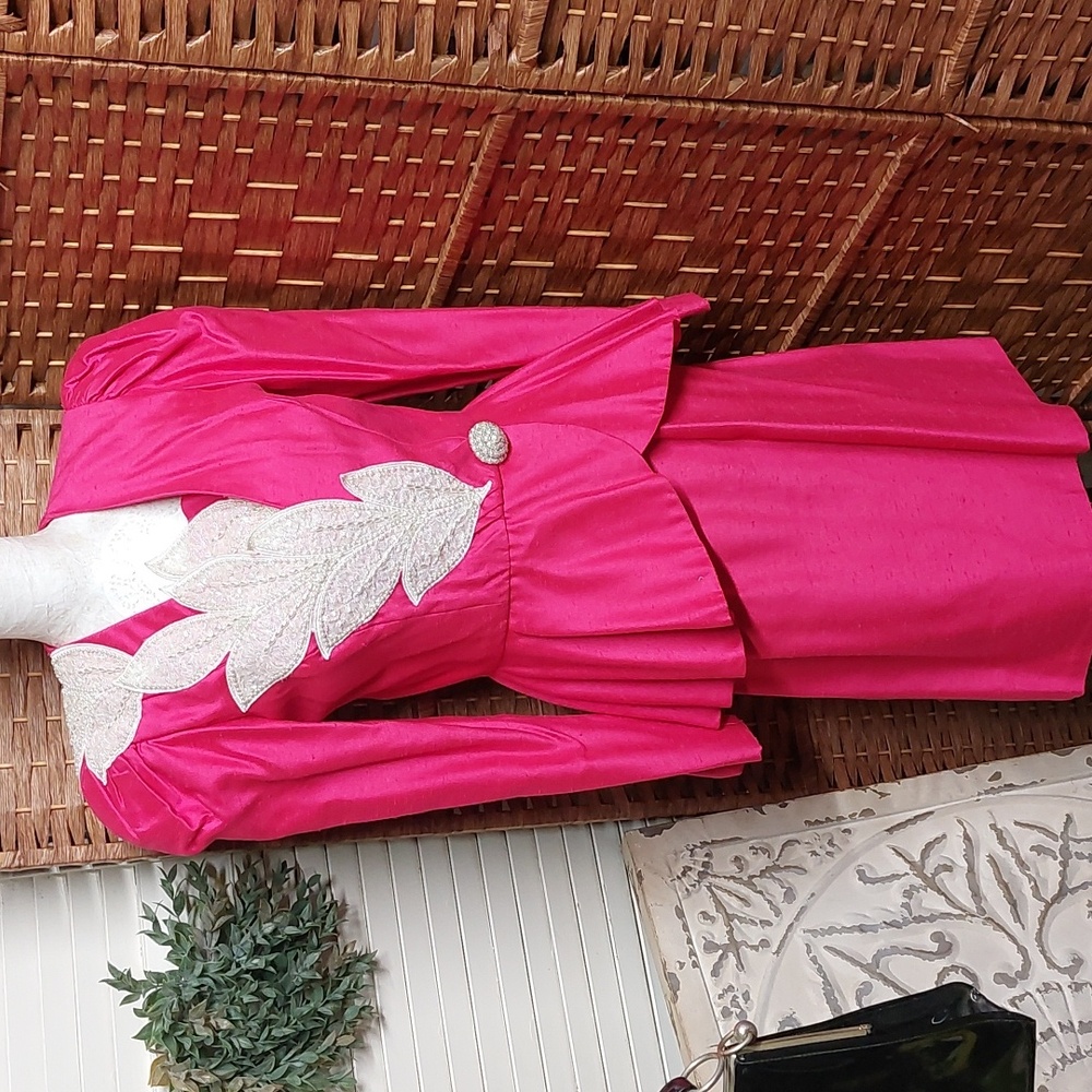 SALE Vintage two piece suit dress Raspberry Pink Peplum Jacket